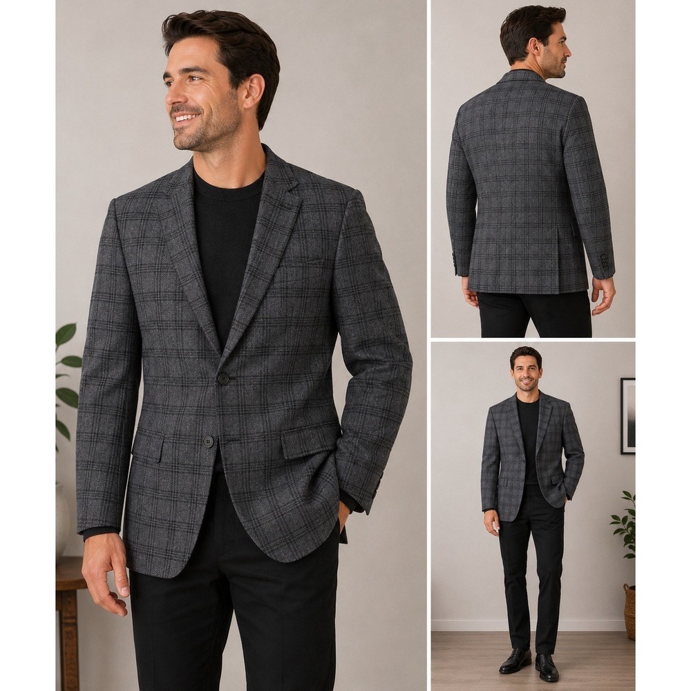 Joseph Abboud Mens Gray Plaid Sport Coat Blazer 2 Button Classic Fit Suit 46R